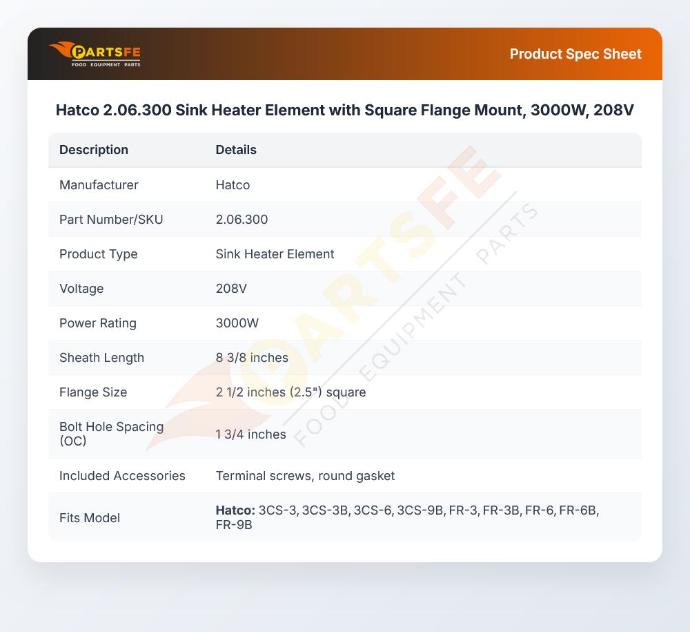 Hatco 2.06.300 Sink Heater Element with Square Flange Mount, 3000W, 208V