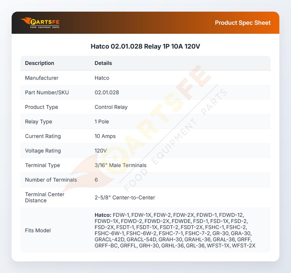 Hatco 02.01.028 Relay 1P 10A 120V