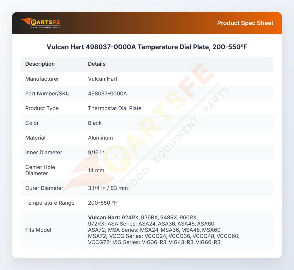 Vulcan Hart 498037-0000A Temperature Dial Plate, 200-550&deg;F