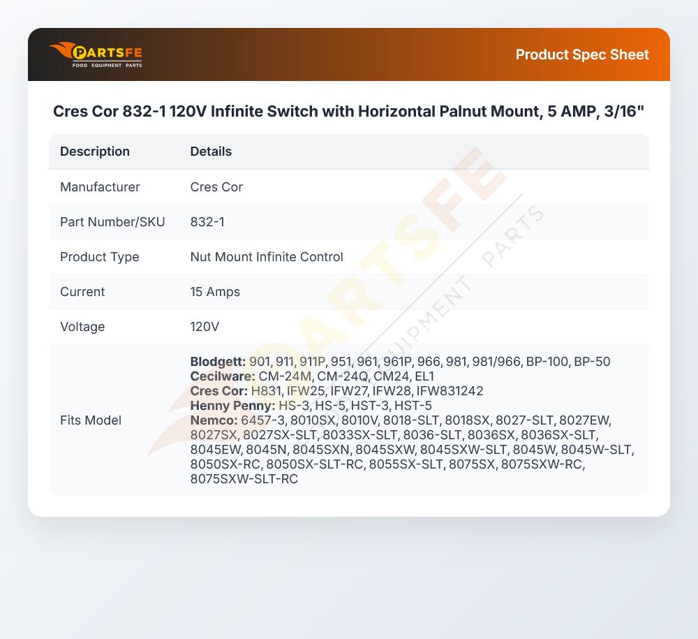 Cres Cor 832-1 120V Infinite Switch with Horizontal Palnut Mount, 5 AMP, 3/16"