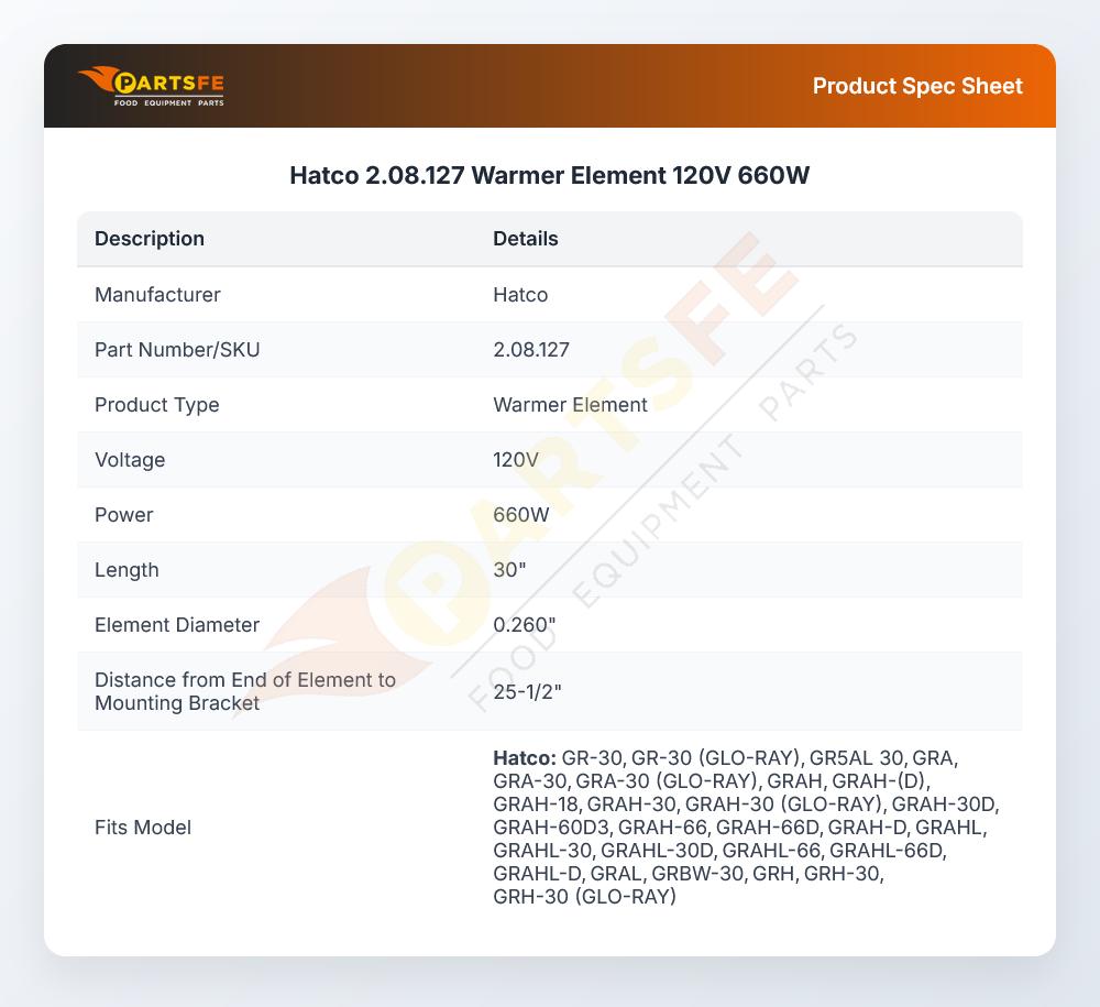Hatco 2.08.127 Warmer Element 120V 660W