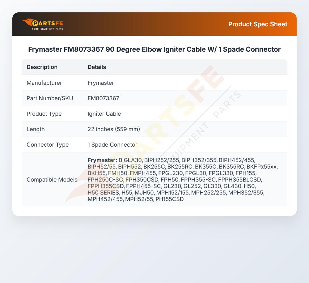 Frymaster FM8073367 90 Degree Elbow Igniter Cable W/ 1 Spade Connector