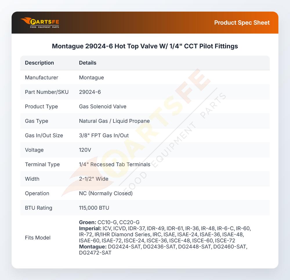 Montague 29024-6 Hot Top Valve W/ 1/4" CCT Pilot Fittings