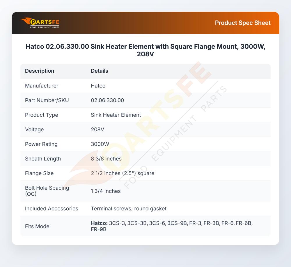 Hatco 02.06.330.00 Sink Heater Element with Square Flange Mount, 3000W, 208V