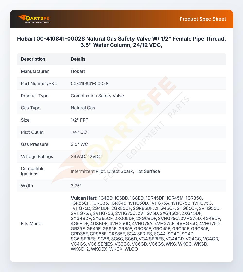 Hobart 00-410841-00028 Natural Gas Safety Valve W/1/2" FPT 3.5"WC 24 VAC/12 VDC