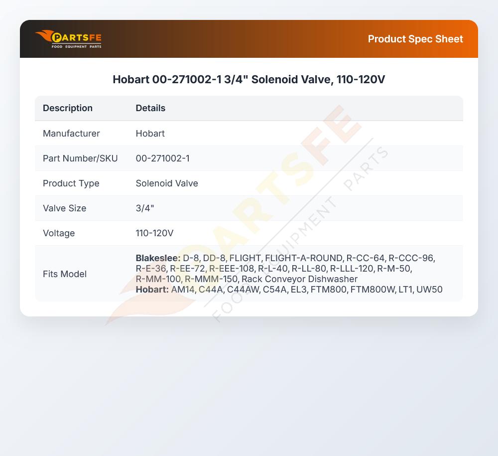 Hobart 00-271002-1 Solenoid Valve 3/4" 110-120V