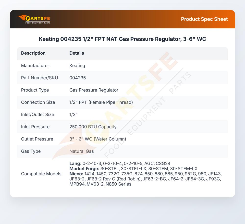 Keating 004235 Pressure Regulator 1/2" FPT NAT Gas 250,000 BTU
