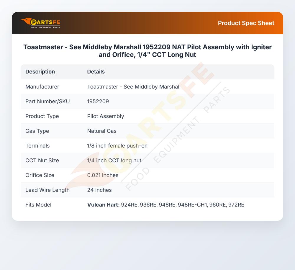 Toastmaster - See Middleby Marshall 1952209 NAT Pilot Assembly with Igniter and Orifice, 1/4" CCT Long Nut