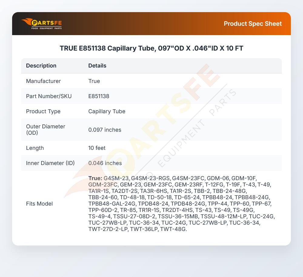 True E851138 Capillary Tube 0.097"OD X 0.046"ID X 10'