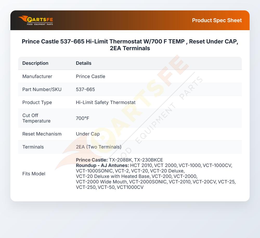Prince Castle 537-665 Hi-Limit Thermostat W/700 F TEMP , Reset Under CAP, 2EA Terminals