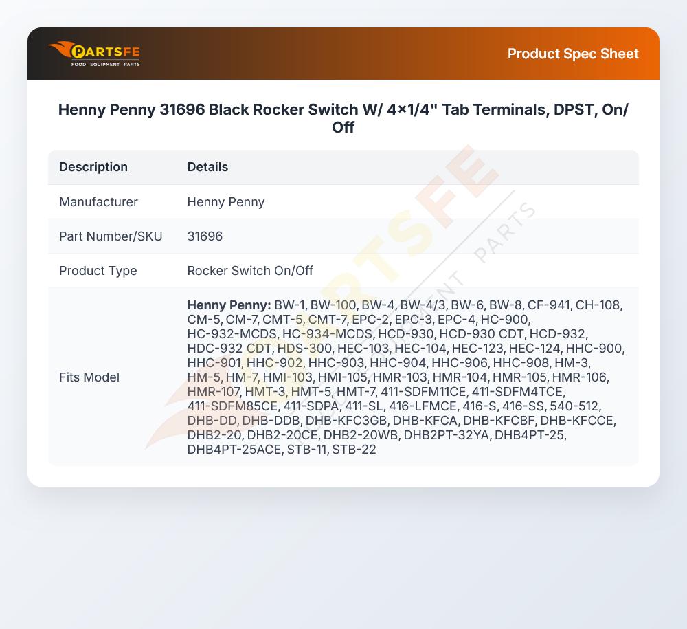 Henny Penny 31696 Black Rocker Switch W/ 4x1/4" Tab Terminals, DPST, On/Off