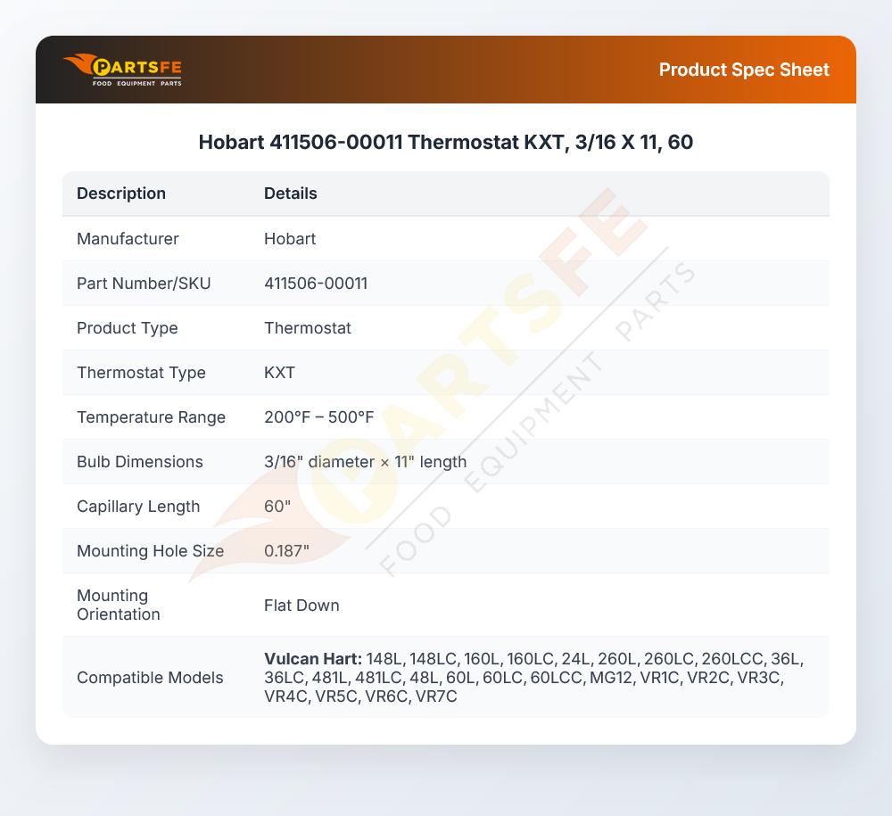 Hobart 411506-00011 Thermostat KXT, 3/16 X 11, 60