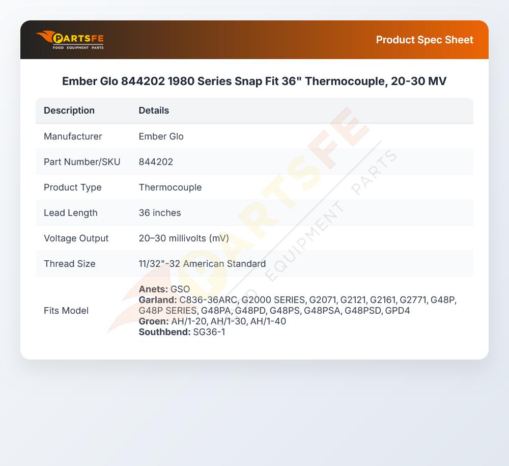 Ember Glo 844202 1980 Series Snap Fit 36" Thermocouple, 20-30 MV