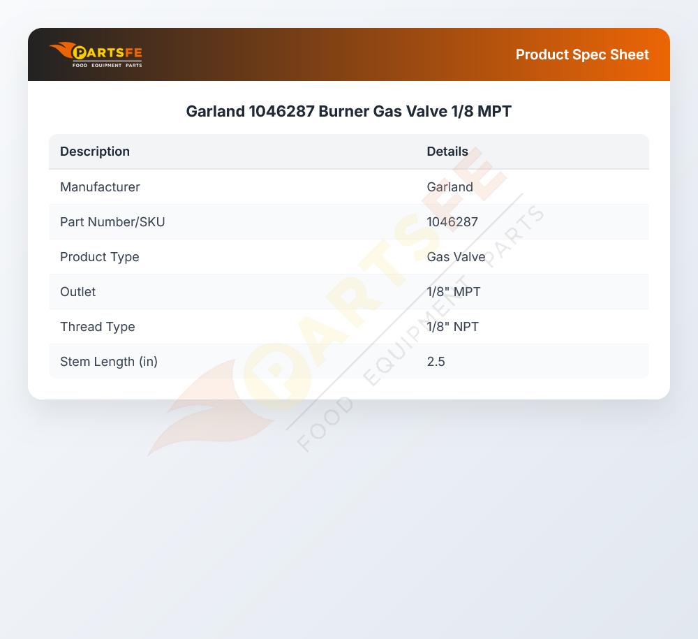 Garland 1046287 Burner Gas Valve 1/8 MPT