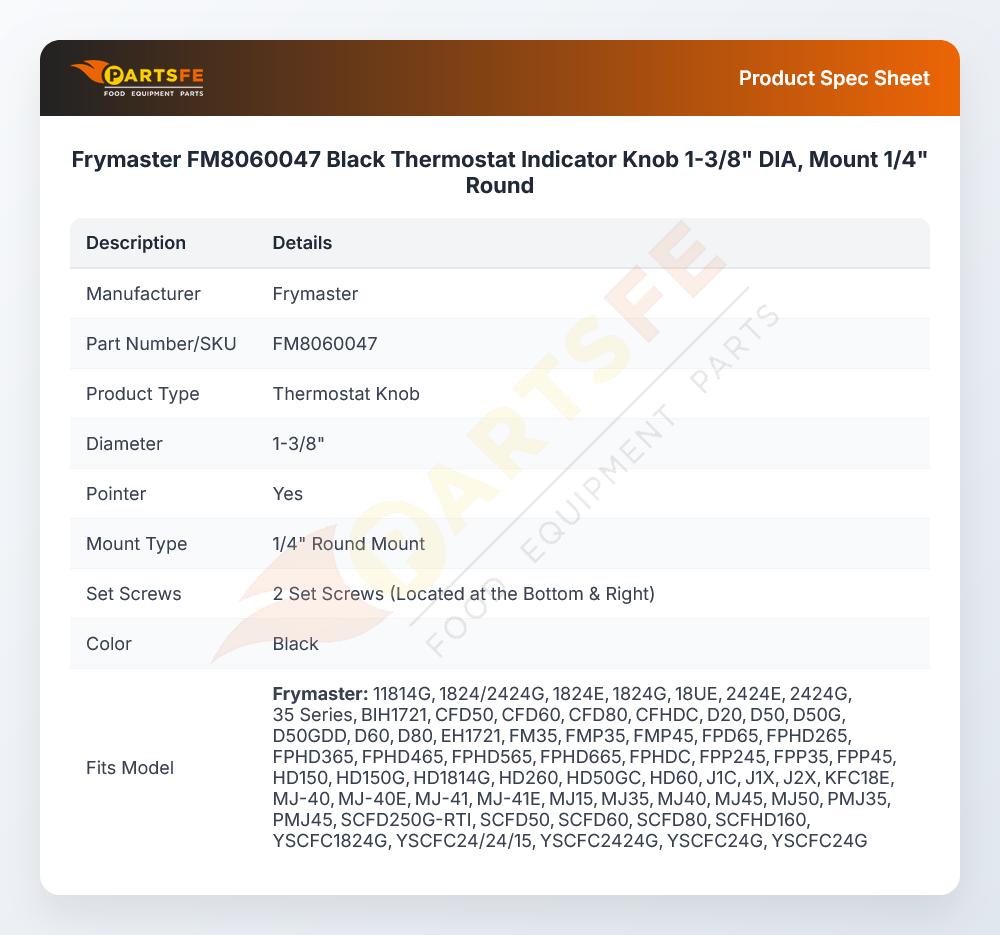 Frymaster FM8060047 Black Thermostat Indicator Knob 1-3/8" DIA, Mount 1/4" Round