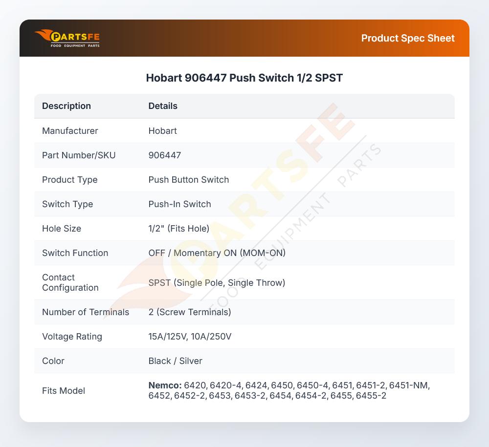 Hobart 906447 Push Switch 1/2 SPST