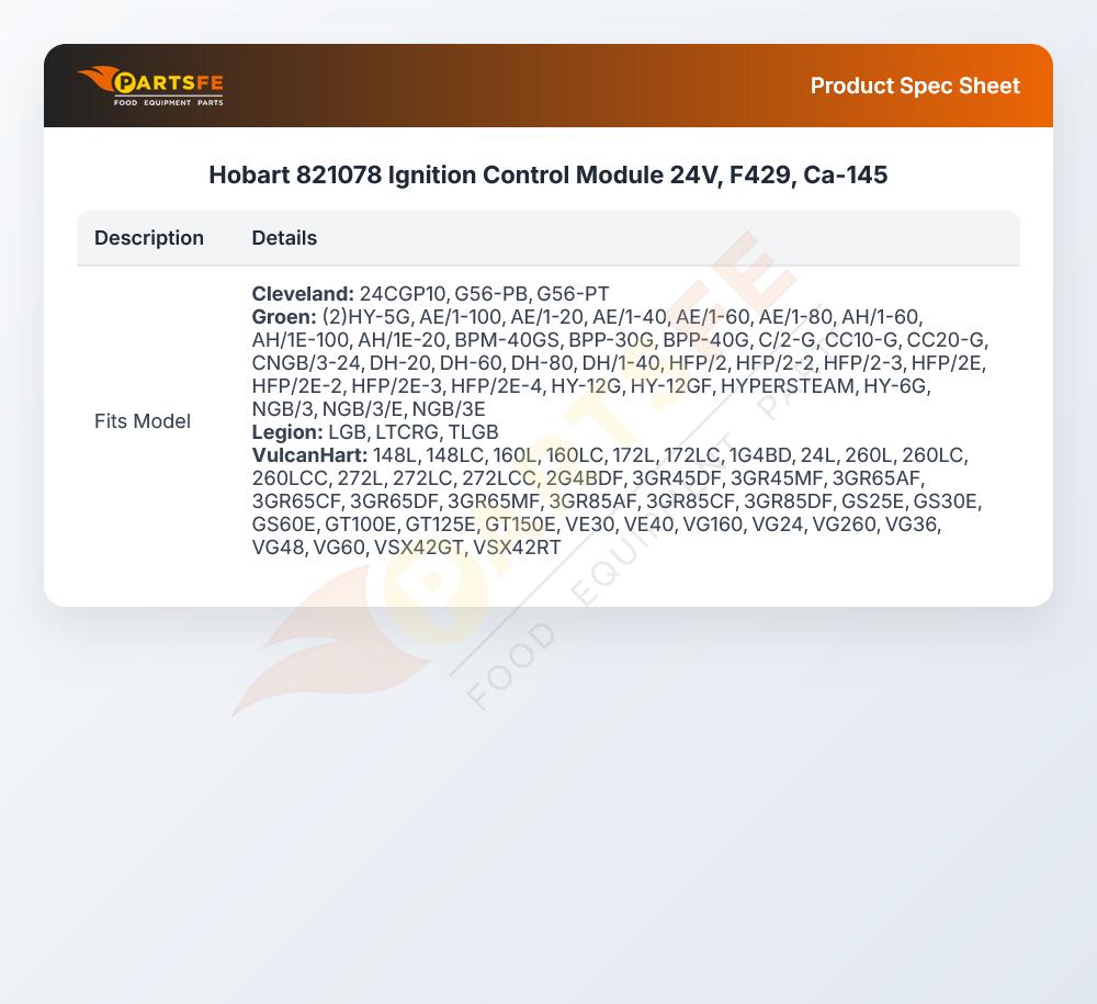 Hobart 821078 Fryer Ignition Control Module 24V F429 CA-155