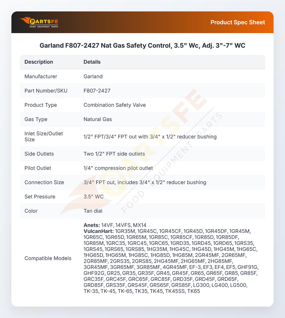 Garland F807-2427 Natural Gas Safety Control 3.5" WC ADJ 3"-7" WC