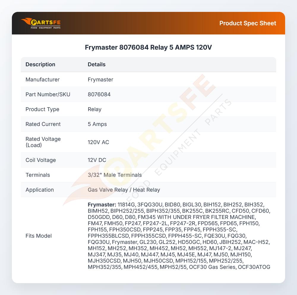 Frymaster 8076084 Latch-Valve Relay DPDT 120V