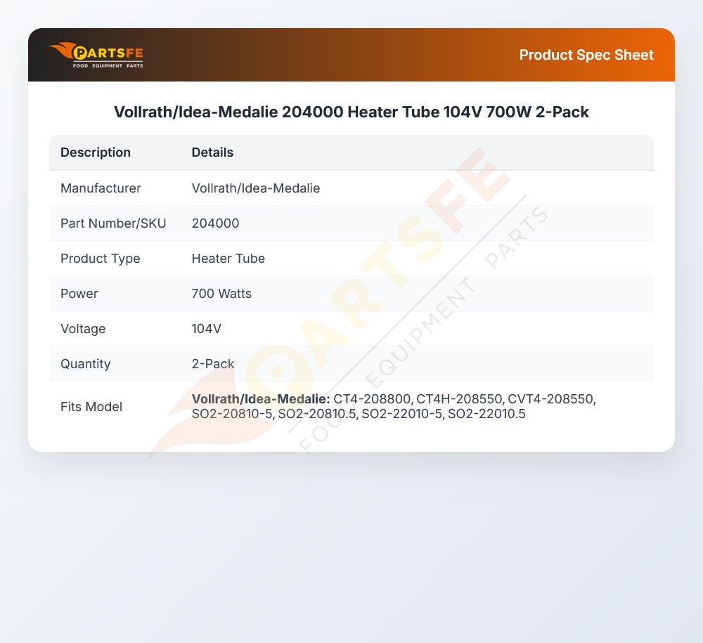 Vollrath/Idea-Medalie 204000 Heater Tube 700W 104V Pack 2