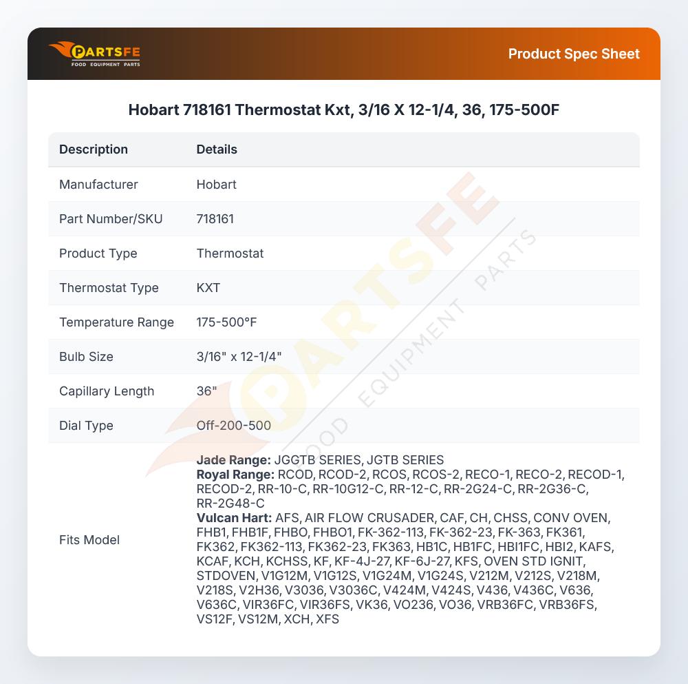 Hobart 718161 Thermostat 175-500&deg;F 3/16" X 12-1/4" Bulb 36" CAP KXT