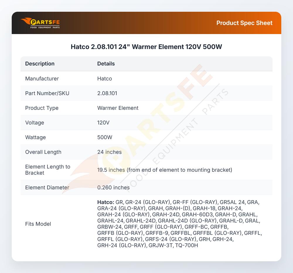 Hatco 2.08.101 24" Warmer Element 120V 500W