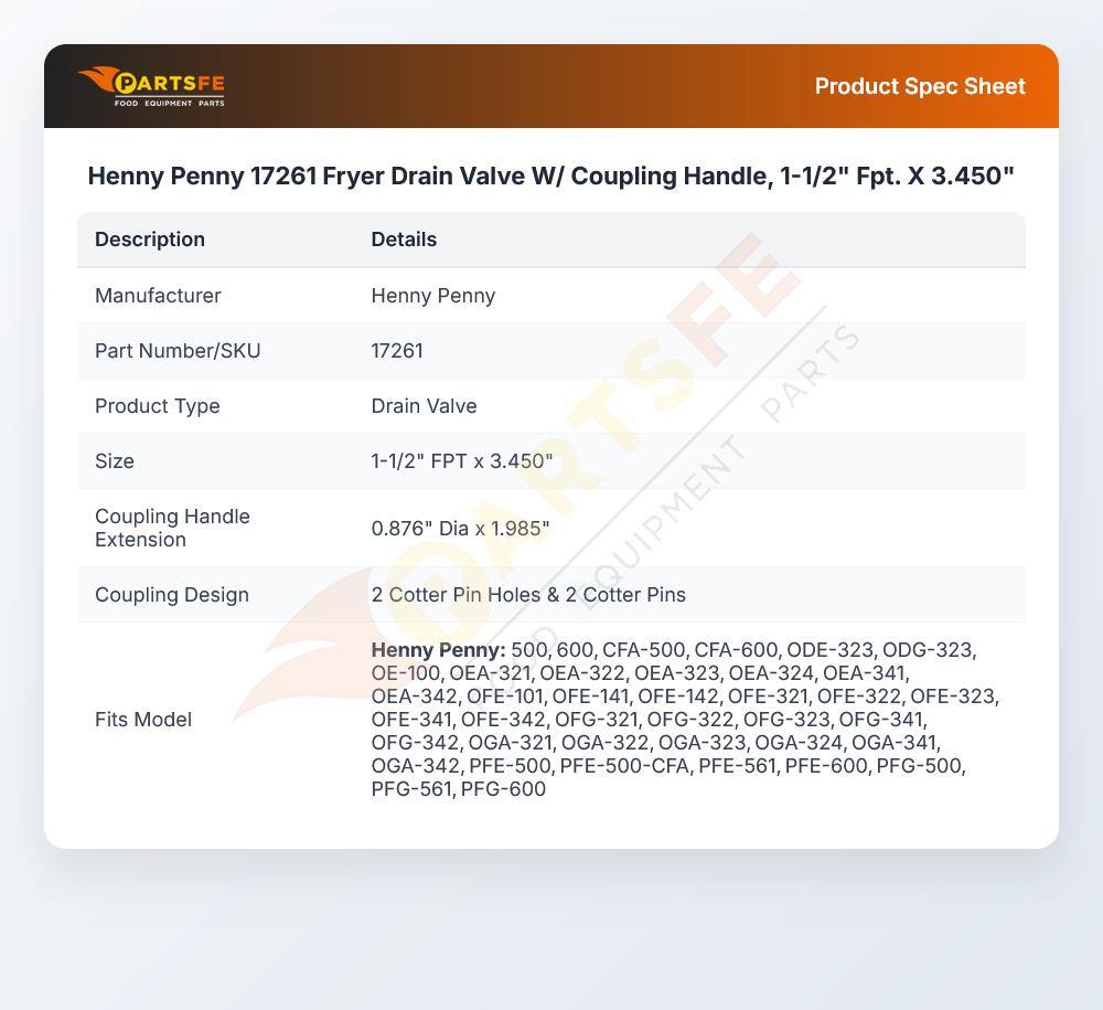 Henny Penny 17261 Fryer Drain Valve W/Coupling Handle 1-1/2" FPT X 3.450"