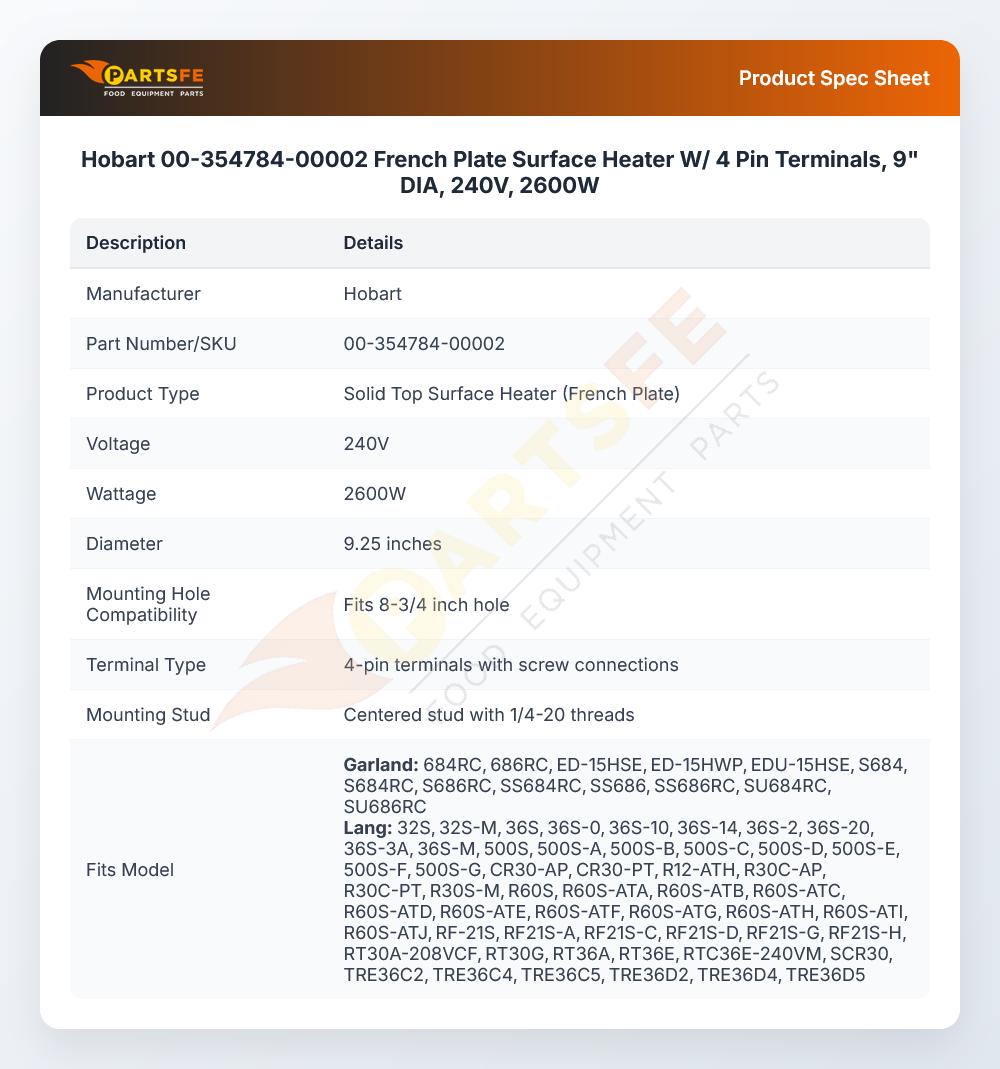 Hobart 00-354784-00002 French Plate Surface Heater W/ 4 Pin Terminals, 9" DIA, 240V, 2600W