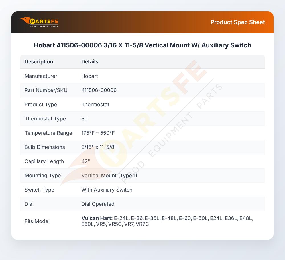 Hobart 411506-00006 SJ Thermostat 175-550&deg;F 3/16" X 11-5/8" 42" CAP
