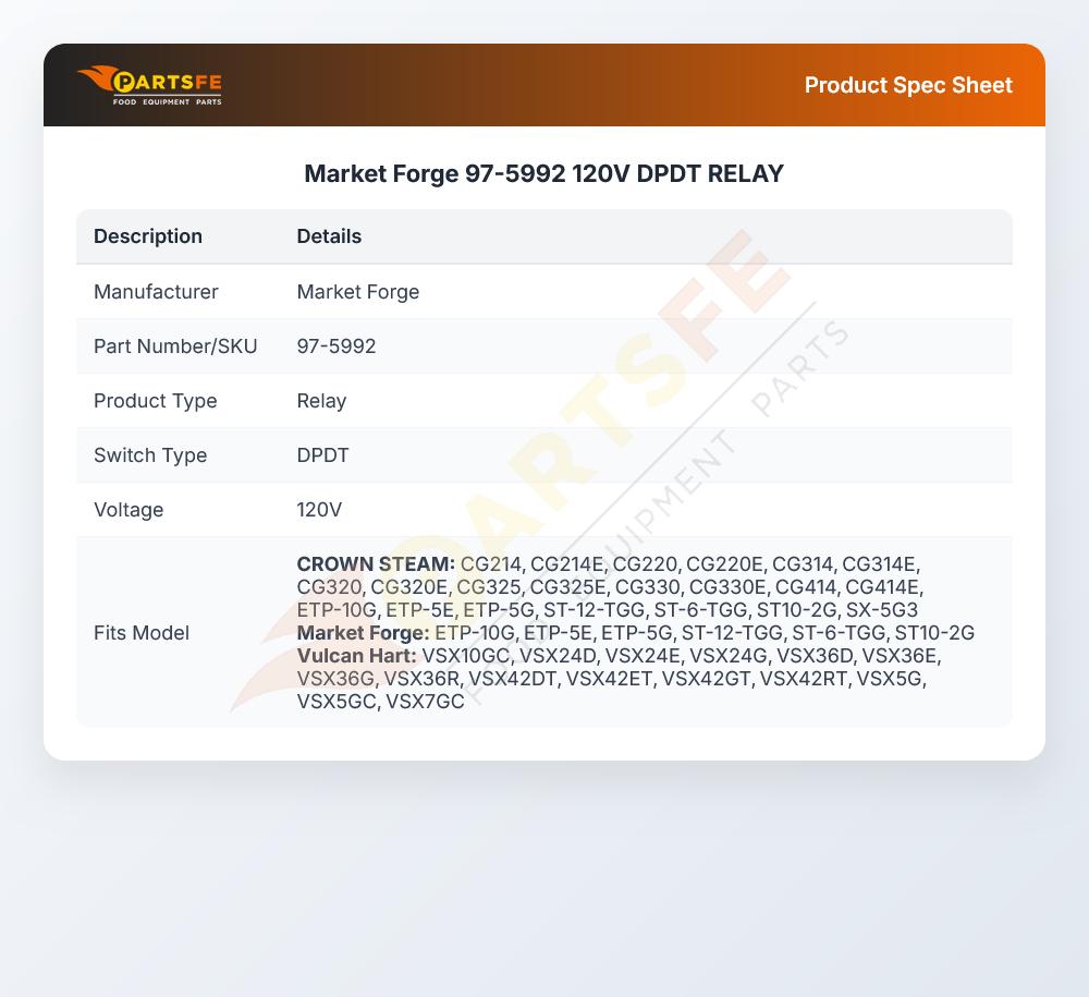 Market Forge 97-5992 Gas Broiler Relay DPDT 120V