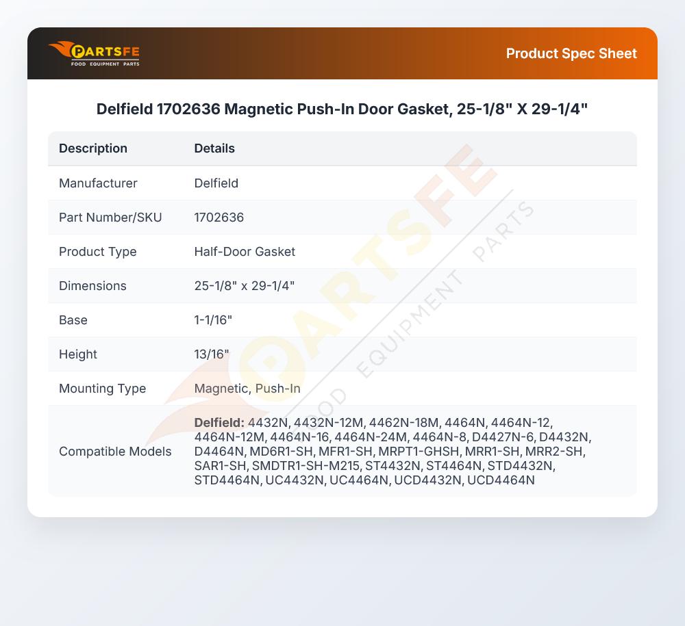 Delfield 1702636 Magnetic Push-In Door Gasket, 25-1/8" X 29-1/4"