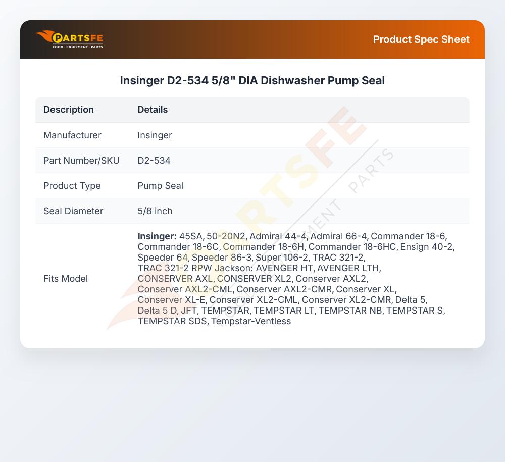 Insinger D2-534 5/8" DIA Dishwasher Pump Seal