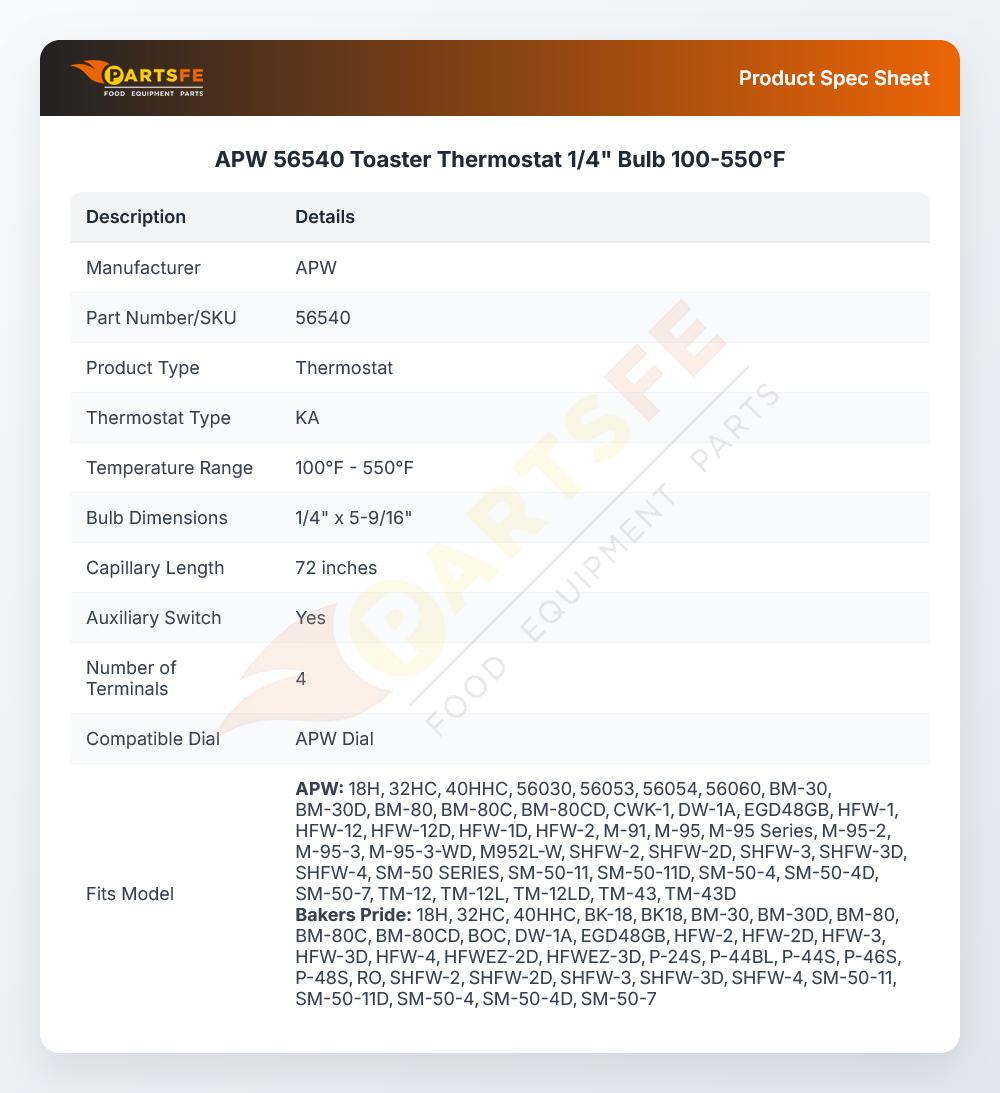 APW 56540 Toaster Thermostat 1/4" Bulb 100-550&deg;F