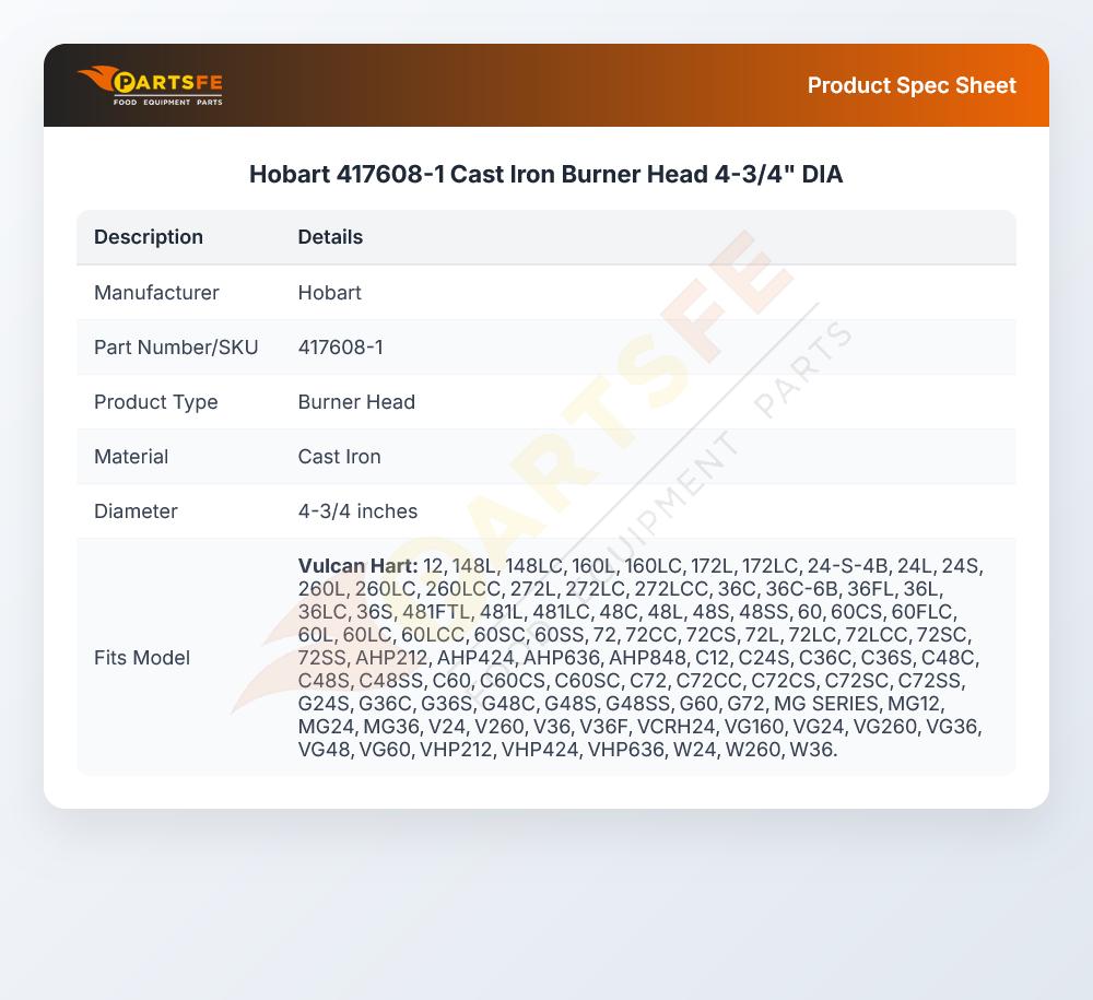 Hobart 417608-1 Burner Head 4-3/4" DIA Cast Iron