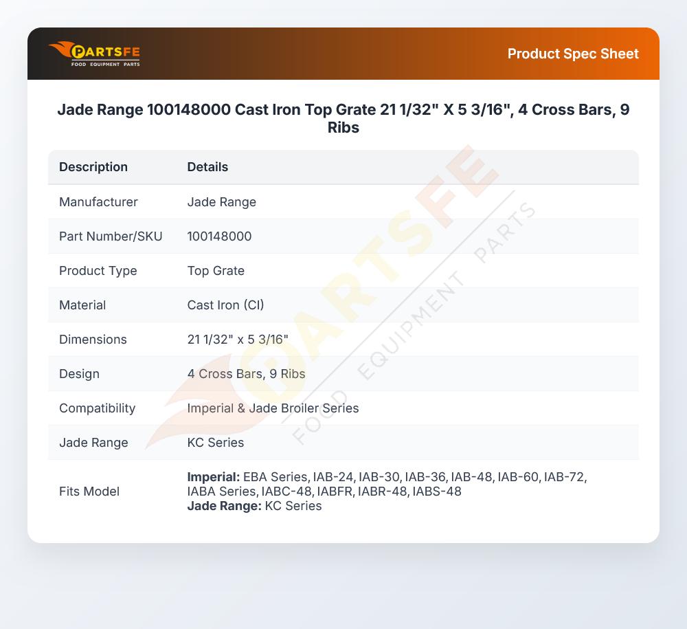 Jade Range 100148000 Top Grate 21-1/32" X 5-3/16" 4-Cross Bar 9-Ribs Cast Iron