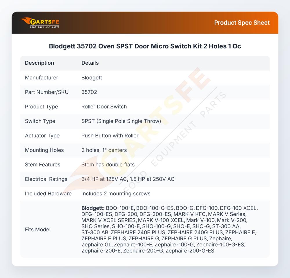 Blodgett 35702 Oven SPST Door Micro Switch Kit 2 Holes 1 Oc