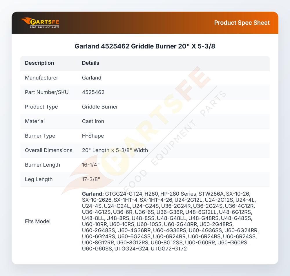 Garland 4525462 Griddle Burner 20" X 5-3/8