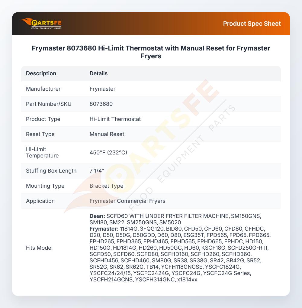 Frymaster 8073680 Fryer High-Limit Thermostat W/Manual Reset