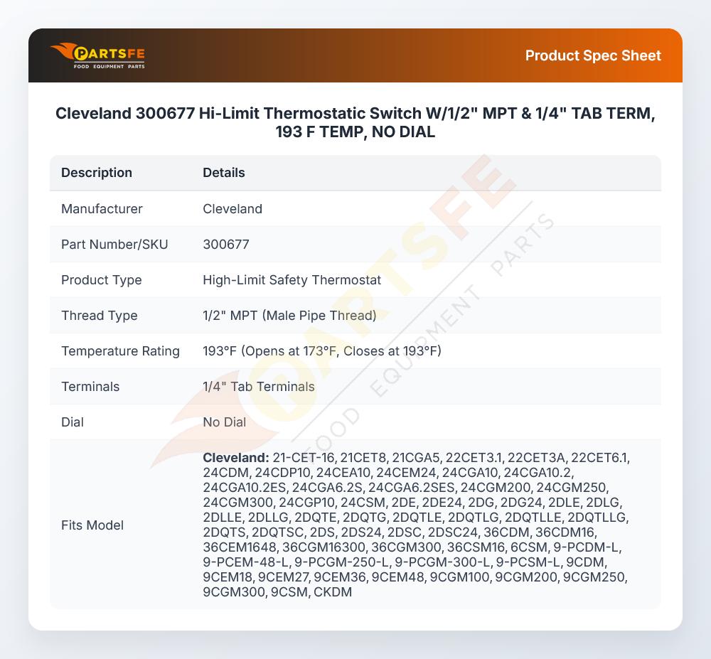 Cleveland 300677 Hi-Limit Thermostatic Switch 1/2" MPT