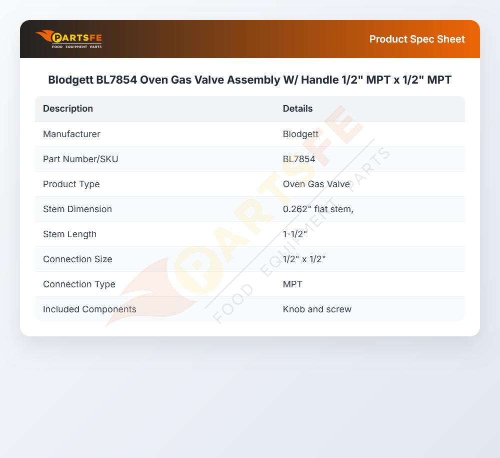 Blodgett BL7854 Oven Gas Valve Assembly W/ Handle 1/2" MPT x 1/2" MPT