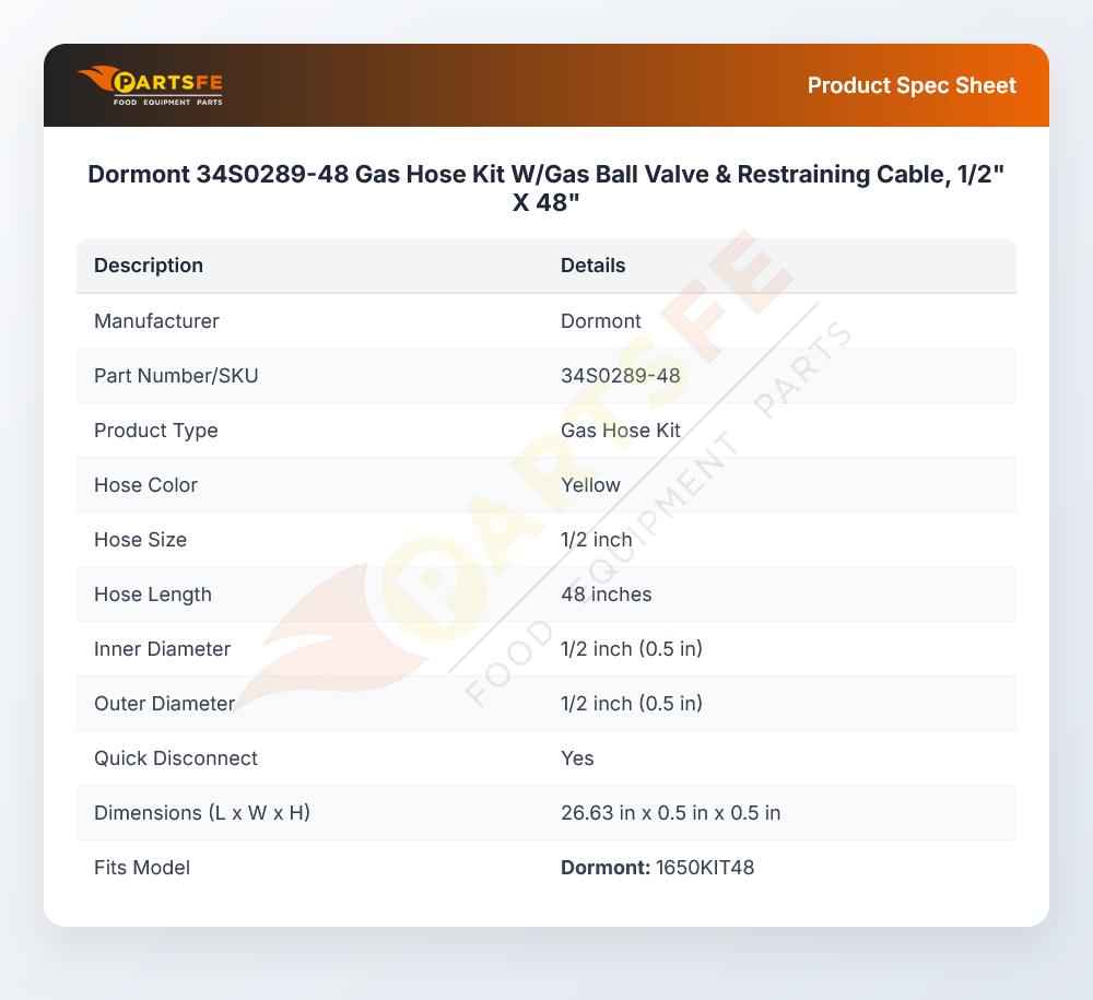 Dormont 34S0289-48 Gas Hose Kit W/Ball Valve & Restraining Cable 1/2" X 48"