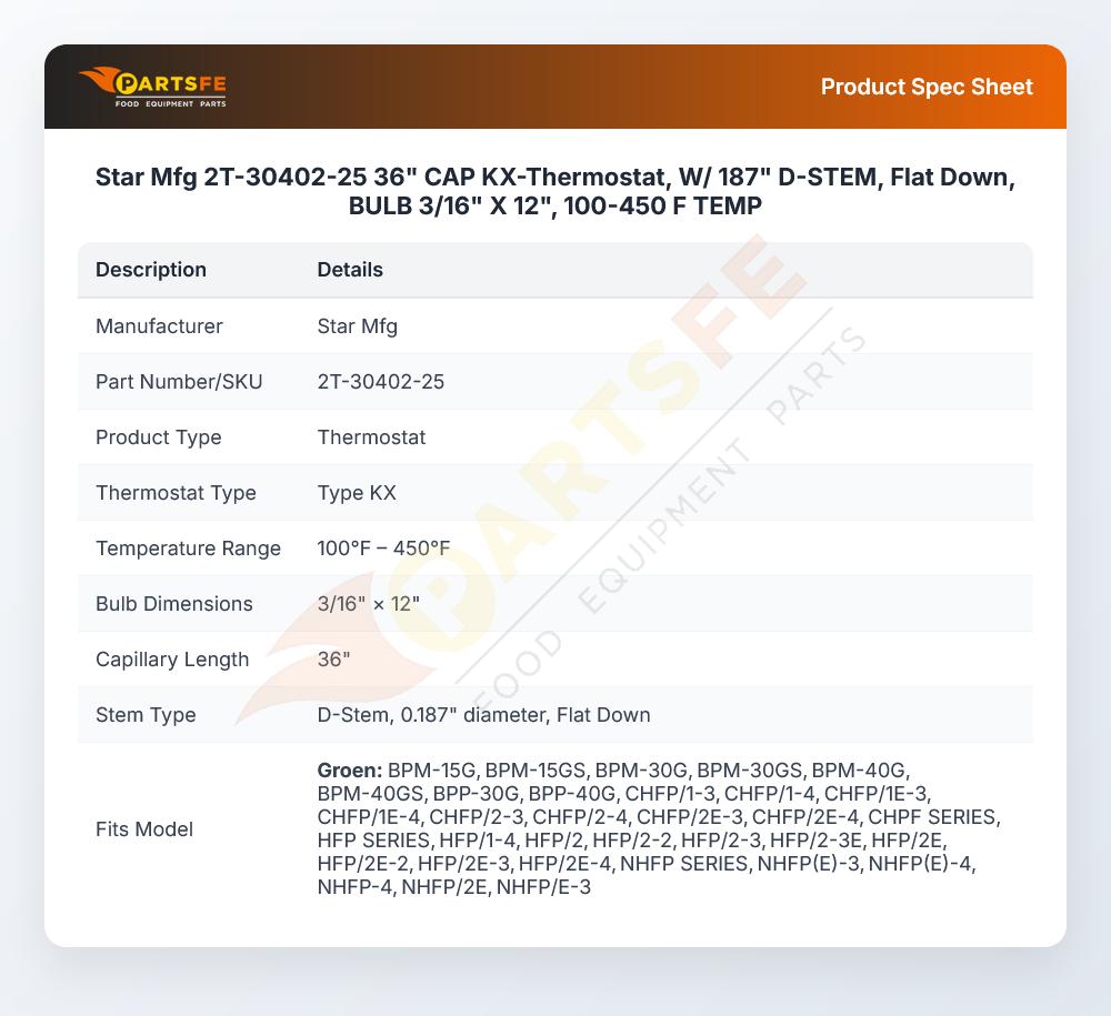 Star Mfg 2T-30402-25 Thermostat 3/16" X 12" 36" 450&deg;F Cap KX