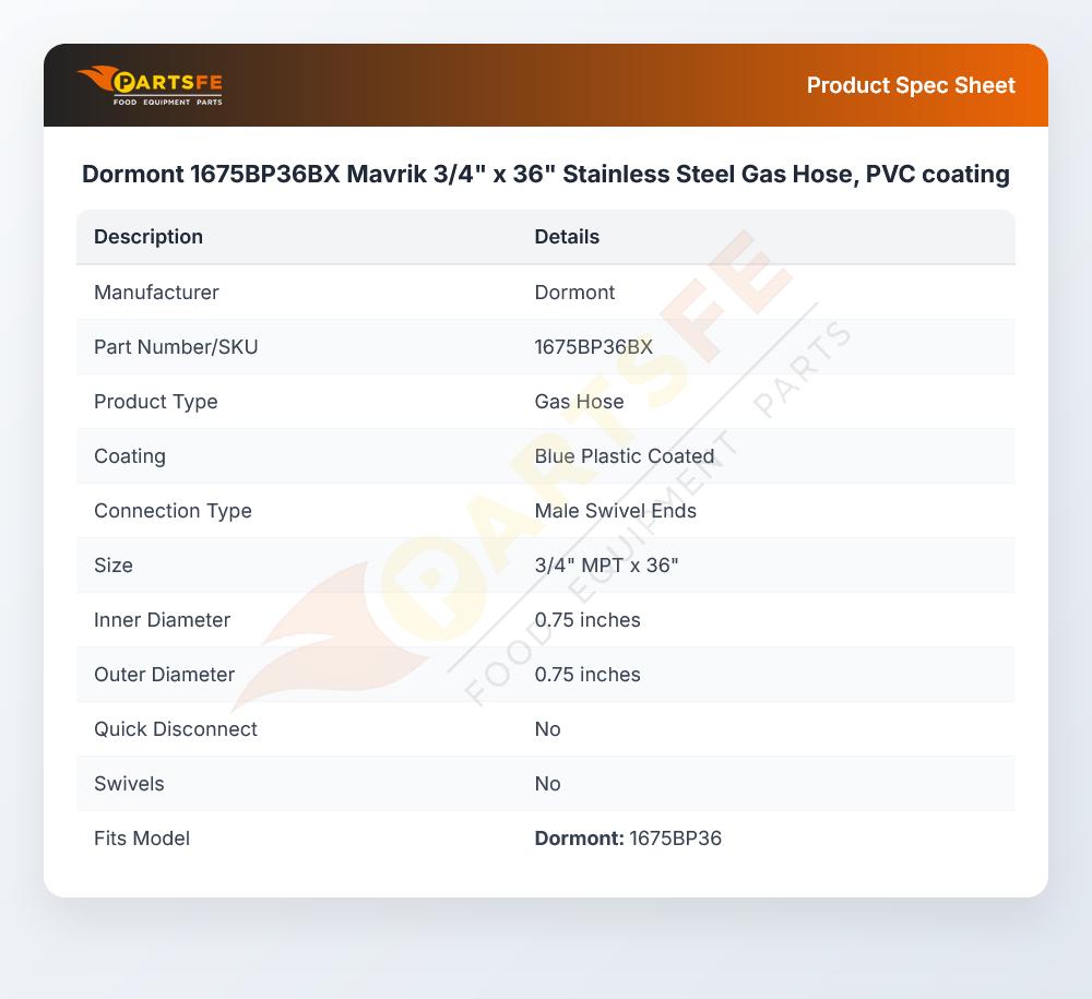 Dormont 1675BP36BX Mavrik 3/4" x 36" Stainless Steel Gas Hose, PVC coating