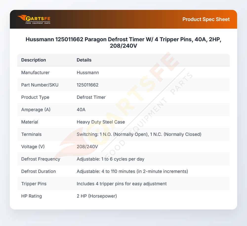 Hussmann 125011662 Paragon Defrost Time Clock 2HP 40A 208/240V