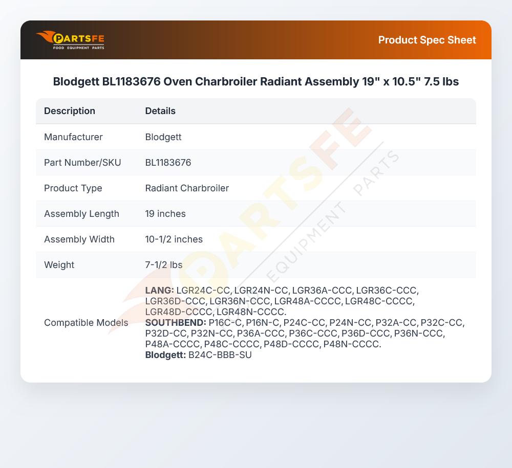 Blodgett BL1183676 Oven Charbroiler Radiant Assembly 19" x 10.5" 7.5 lbs