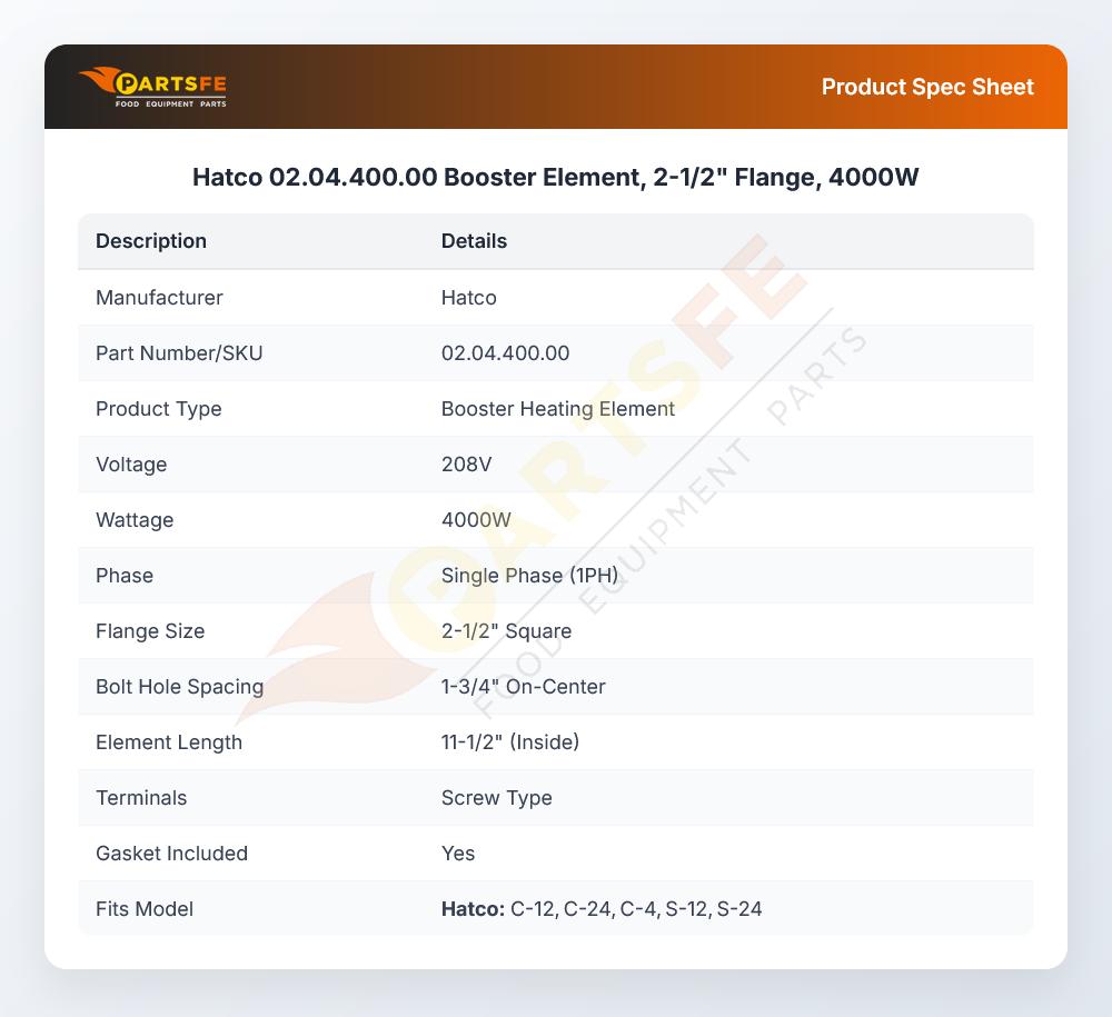 Hatco 02.04.400.00 Booster Element, 2-1/2" Flange, 4000W