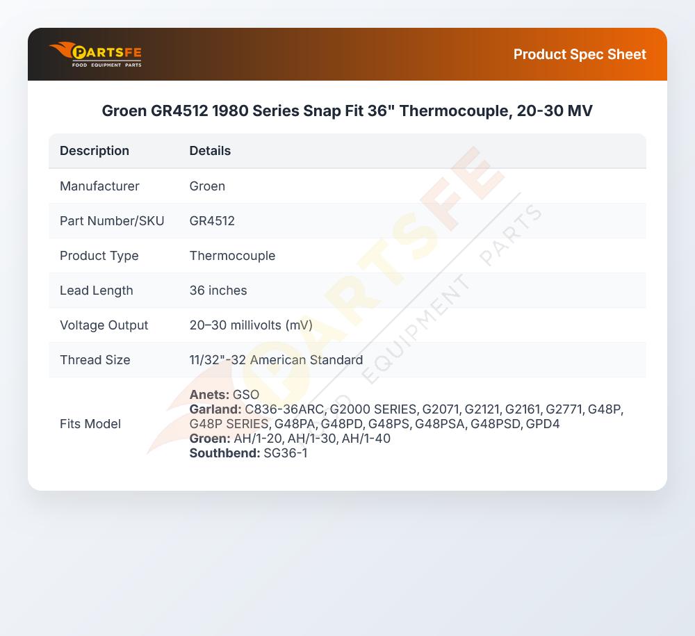 Groen GR4512 1980 Series Snap Fit 36" Thermocouple, 20-30 MV
