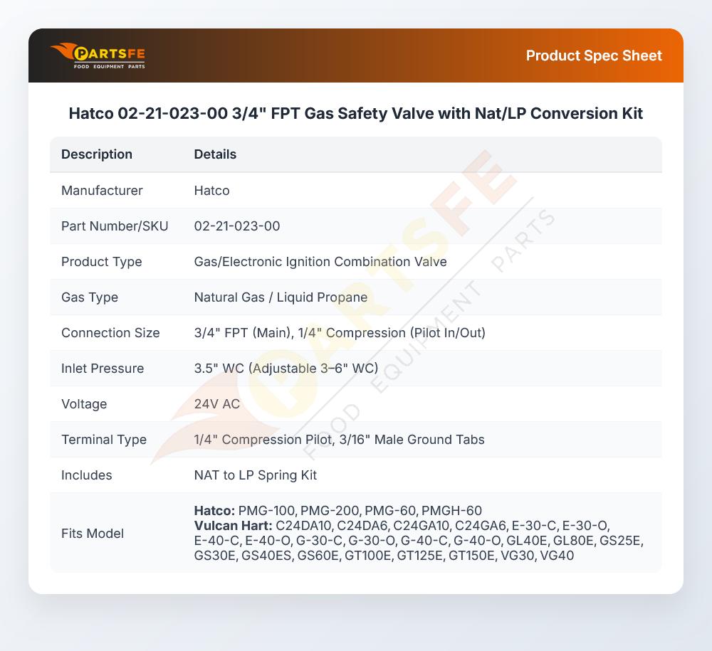 Hatco 02-21-023-00 3/4" FPT Gas Safety Valve with Nat/LP Conversion Kit