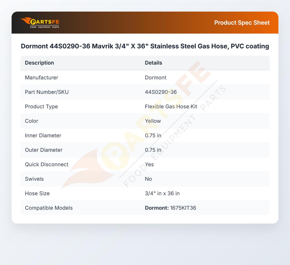 Dormont 44S0290-36 Gas Hose Kit 3/4" X 36" Stainless Steel
