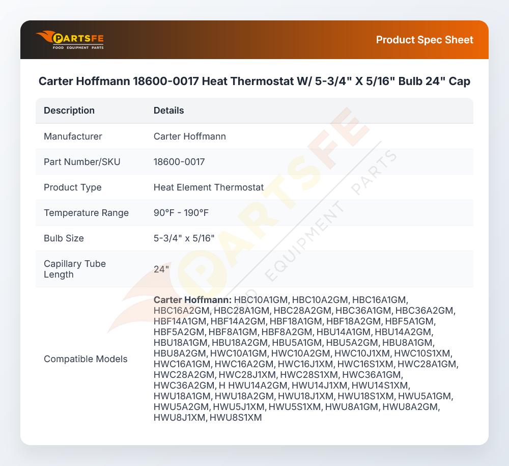 Carter Hoffmann 18600-0017 Heat Thermostat W/ 5-3/4" X 5/16" Bulb 24" Cap